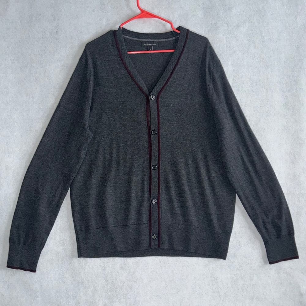 Banana Republic Gray/Burgundy Merino Wool Cardigan Sweater ~ Men's XL